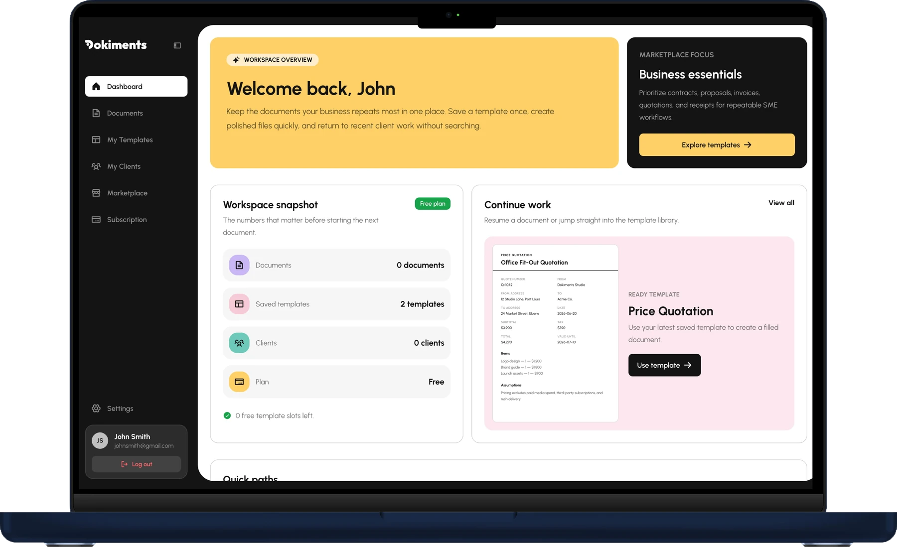 Dokiments dashboard showing the workspace snapshot